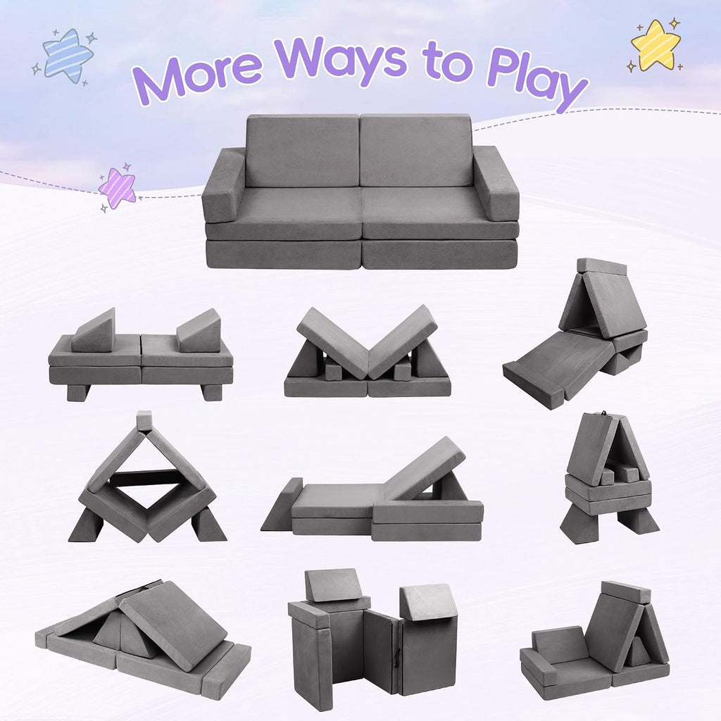 Modular Kids Play Couch, Toddlers Couch Building Set, Children Convertible Play Fort, Kids Sofa for Playroom and Bedroom, Rectangular Armrests