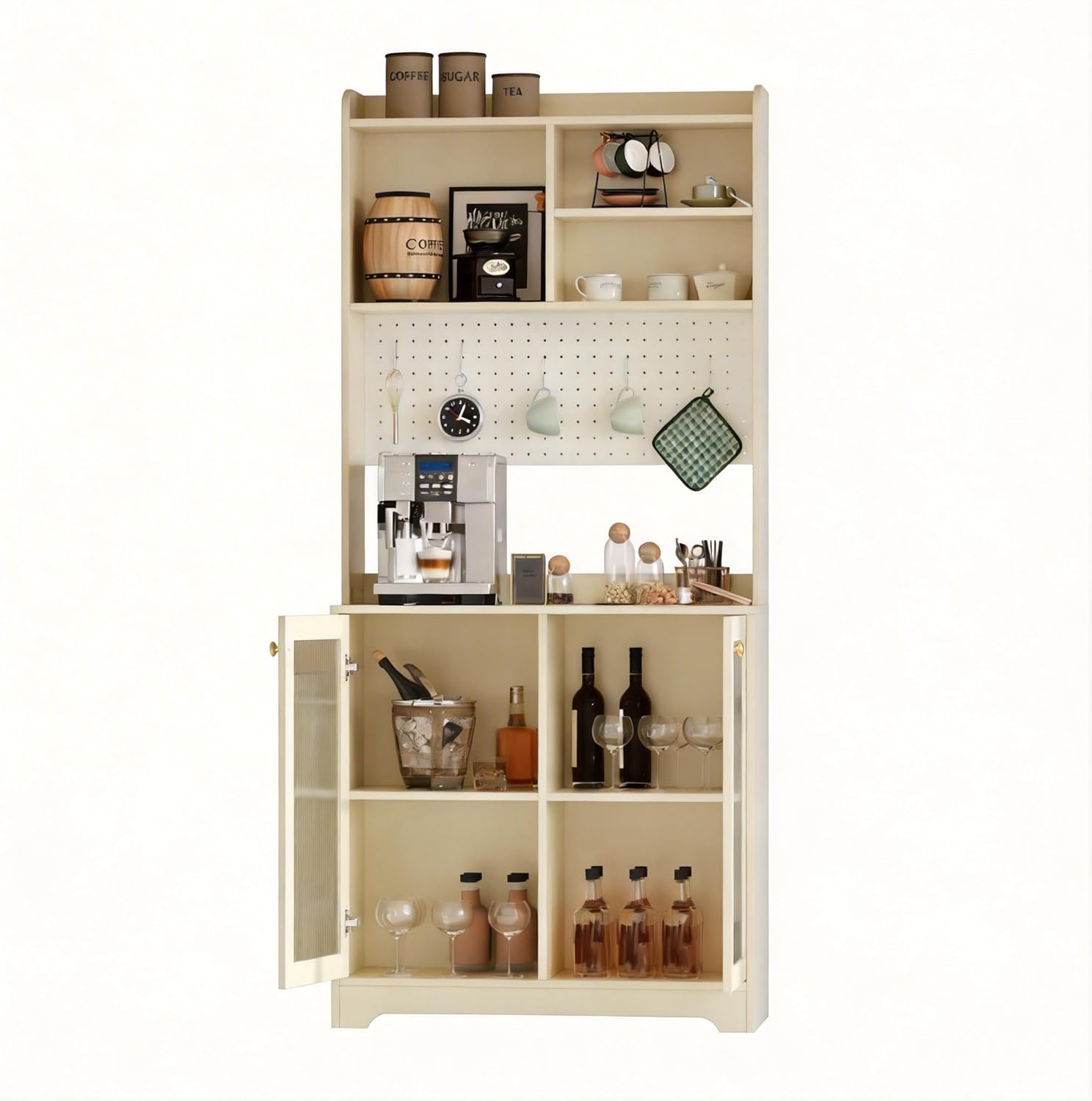 71" Tall Pantry Cabinet with 2 Glass Doors, Freestanding Kitchen Storage Cabinet with Open Storage & Adjustable Shelves, Modern Farmhouse Cupboard Coffee Bar for Dining Room, Living Room, Natural