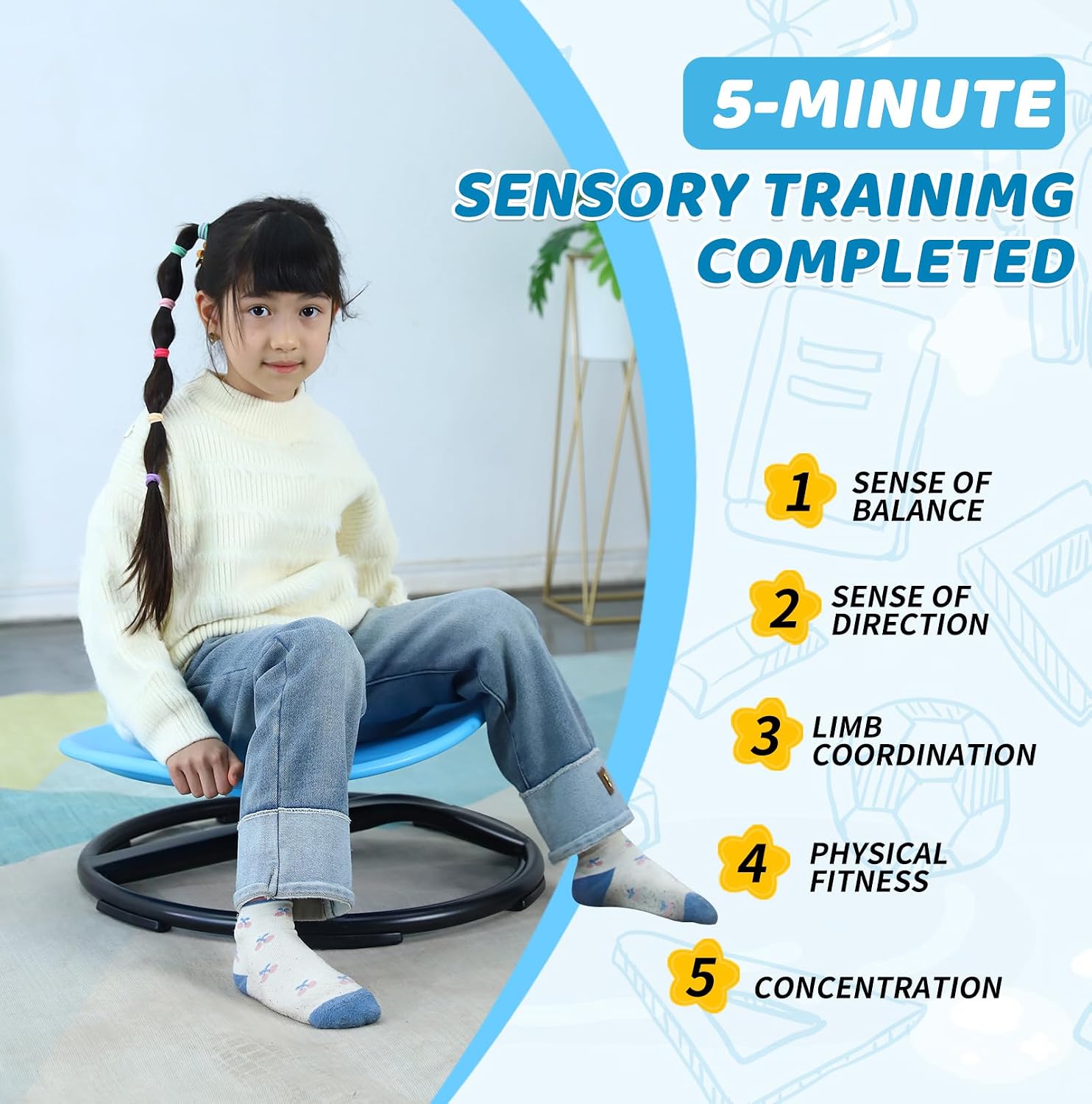 Sensory Spinning Chair for Kids, Autistic Childs Swivel Chair, Sit and Spin Toy, Training Body Coordination, Metal Base Non-Slip Indoor and Outdoor Activity Spins Toys (Round-Blue)