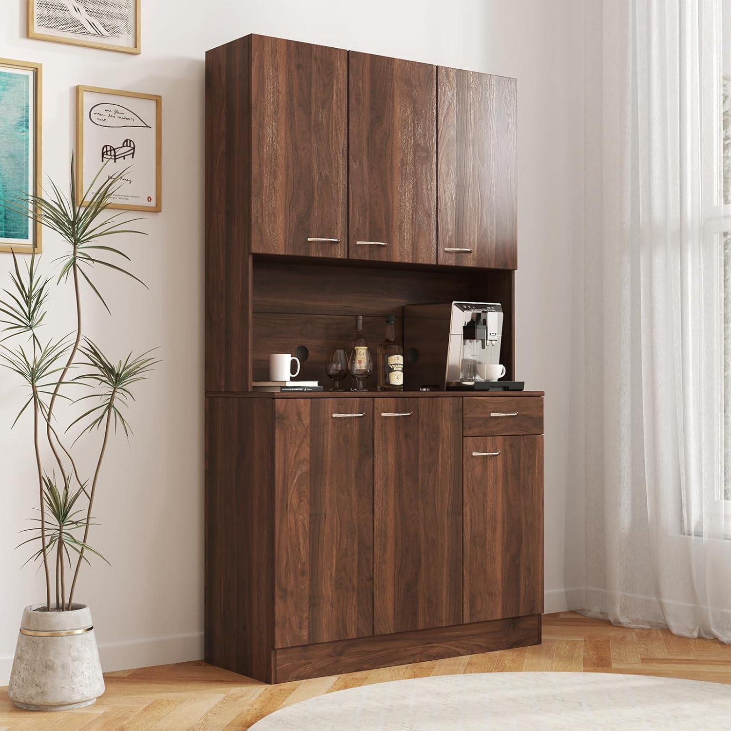 JOYSOURCE 71'' Large Kitchen Pantry Storage Cabinet with Hutch Tall Brown Freestanding Kitchen Cabinet Pantry Cupboard with 6 Doors 1 Drawer & Countertop for Food Farmhouse Walnut Finish