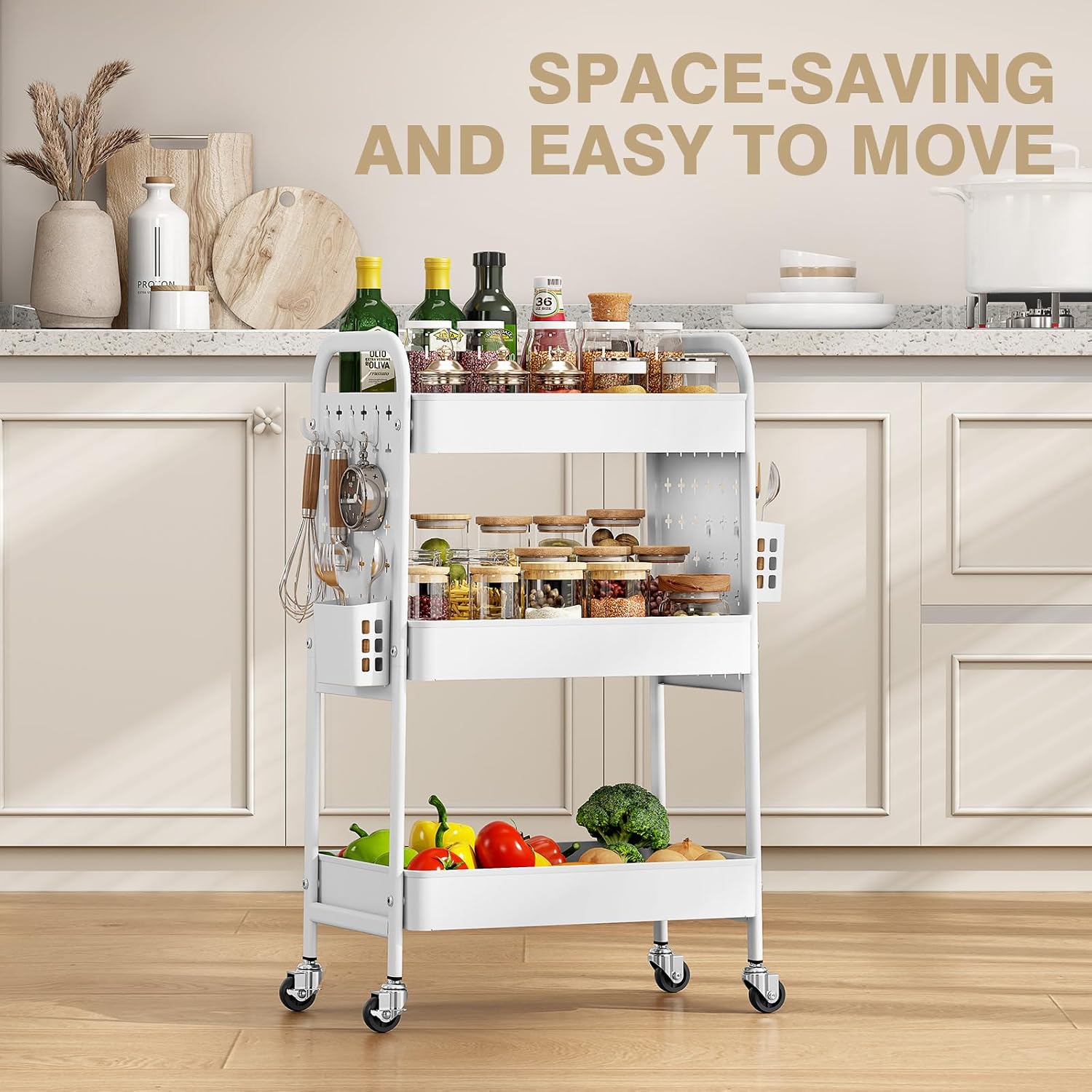 KINGRACK 3 Tier Rolling Cart with DIY Pegboard, Metal Utility Cart with Wheels, Hooks & Baskets, Sturdy Storage Organizer for Craft, Bathroom, Kitchen, Office, Nursery, Classroom (White)