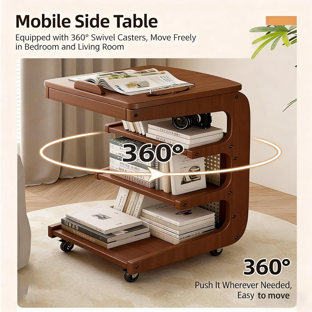 Solid Wood C Shaped End Table with Wheels,3 Layer Small Rolling Side Table Storage Rack,Couch Table with Adjustable Desktop,Mobile Storage Cabinet for Living Room and Bedroom,Brown,24.8in