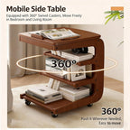 Solid Wood C Shaped End Table with Wheels,3 Layer Small Rolling Side Table Storage Rack,Couch Table with Adjustable Desktop,Mobile Storage Cabinet for Living Room and Bedroom,Brown,24.8in