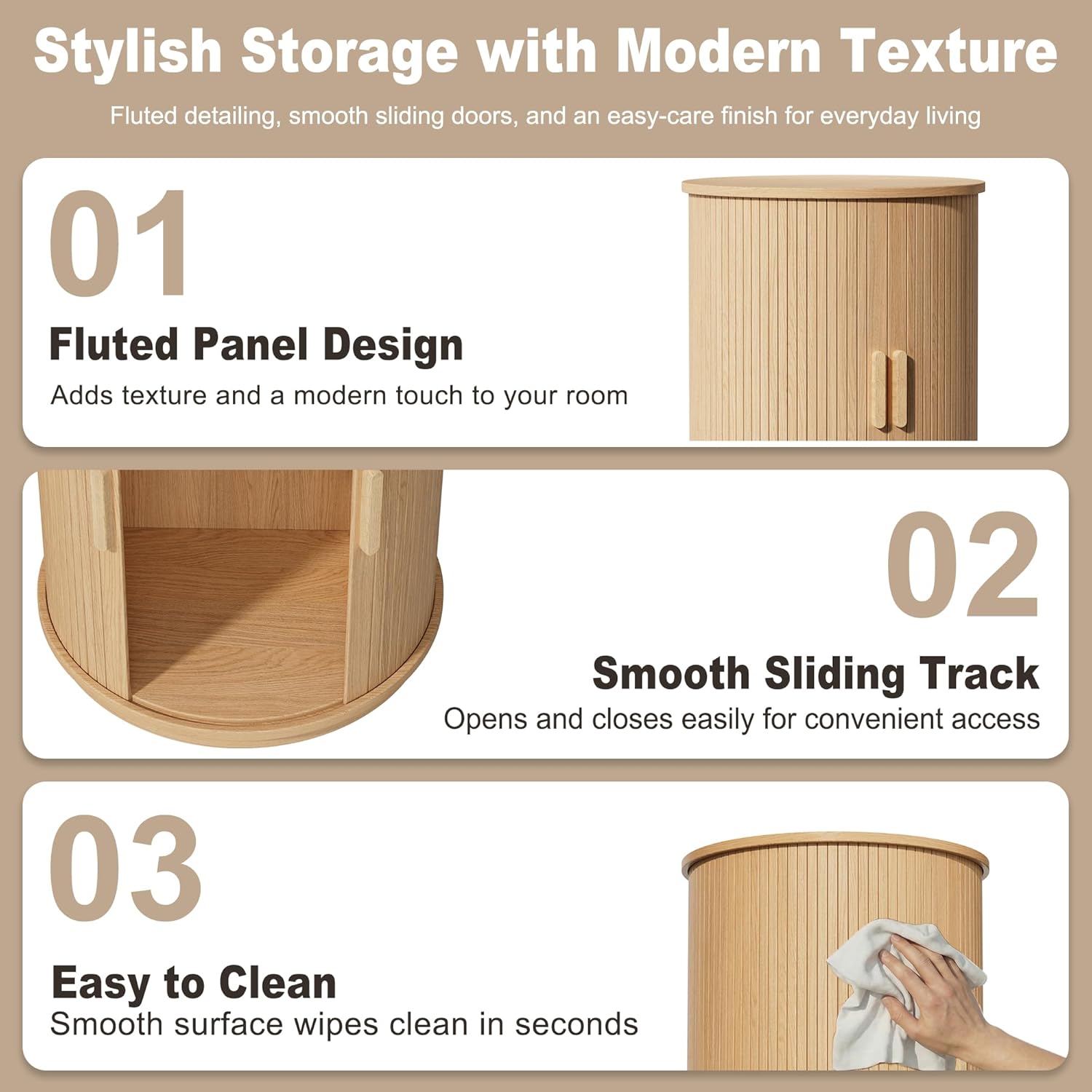 INNOD Side Table with Storage for Living Room, Round End Table with Sliding Tambour Door, Wood Night Stand Nightstand Bedside Table for Bedroom, Small Round Side Table, Mid Century Modern, Light Oak