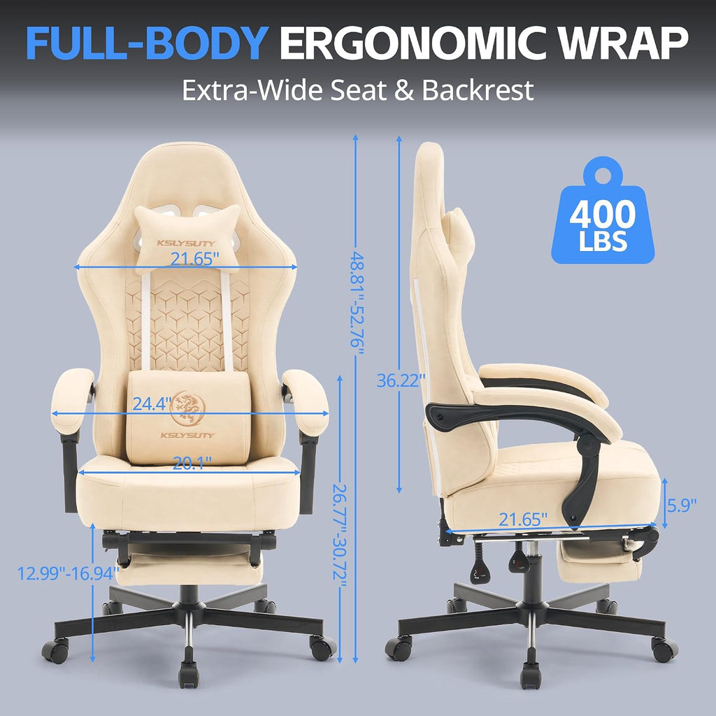 Desk Computer Gaming Chair - Ergonomic Game Office Chair with Extended Footrest and Massage Lumbar Support, Home Gamer Video Game Chairs with Spring Cushion for Adults (Pro Beige Leather)