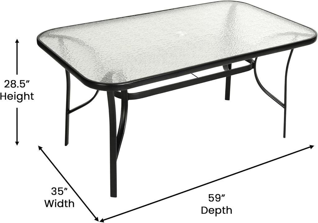Flash Furniture Tory Rectangle Patio Table with Umbrella Hole, Commercial All-Weather Table with Heat Resistant Tempered Glass, Steel Tube Frame, 35x 59, Black