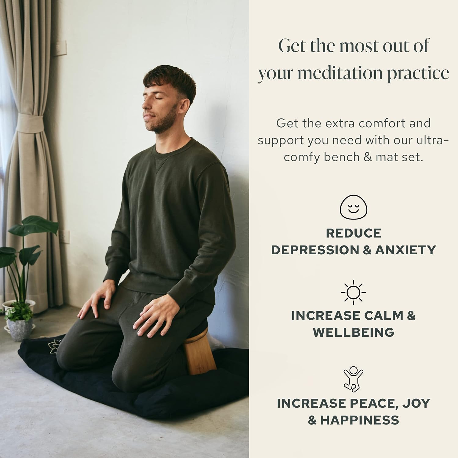 Mindful Modern Bamboo Bench and Zabuton Meditation Mat Bundle - Small Kneeling Meditation Bench with Locking Magnetic Hinges - Wooden Kneeling Ergonomic Bamboo Seiza and Mat for Meditation