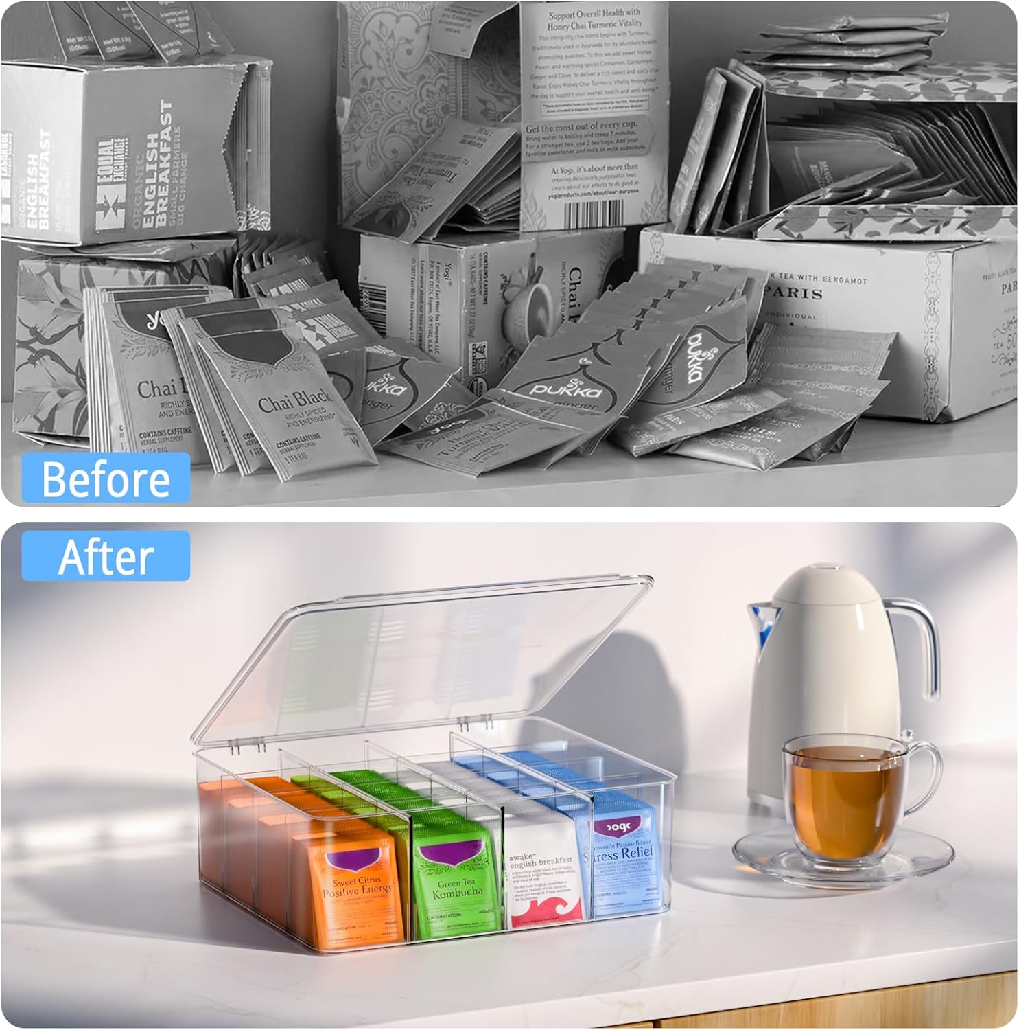 Tea Bags Organizer with Lid: Tea Bag Holder - Clear Stackable Tea Bag Storage Box with Adjustable Compartments for Tea Bags, Coffee Bar, Pantry & Kitchen Counter (Large)