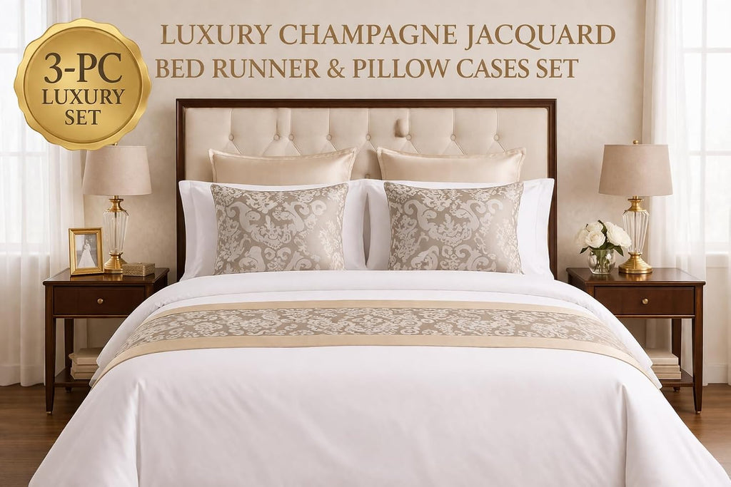 Jacquard Bed Runner Set with 2 Pillow Covers, Decorative Bed Scarf for Twin, Queen and King Beds, Matching Cushion Covers for Bedroom, Guest Room and Bedding Decor