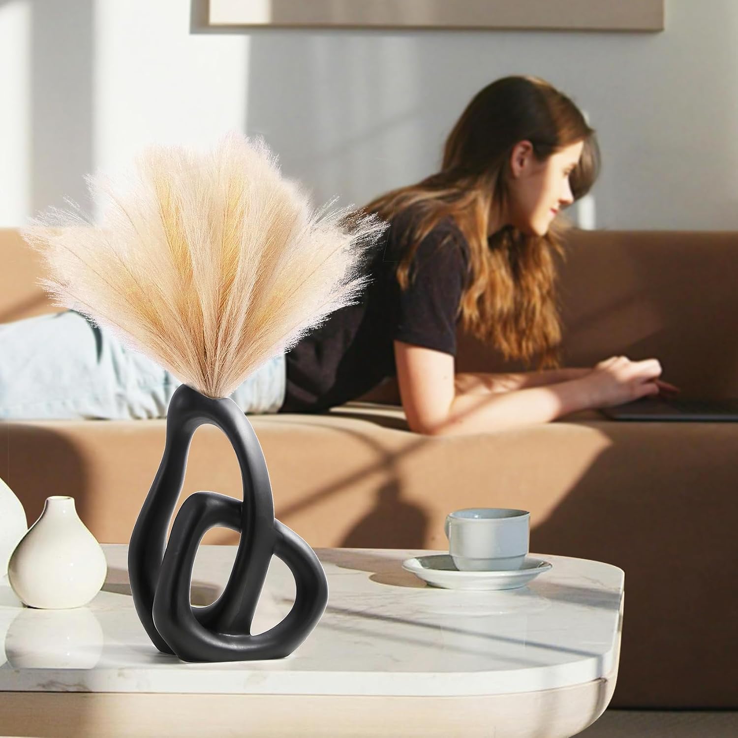STHIE Modern Black Ceramic Flower Vases for Home Decor Aesthetic | Boho Decorative Vase for Bouquet Pampas Grass, Living Room Bedroom Kitchen Maximalist Decor