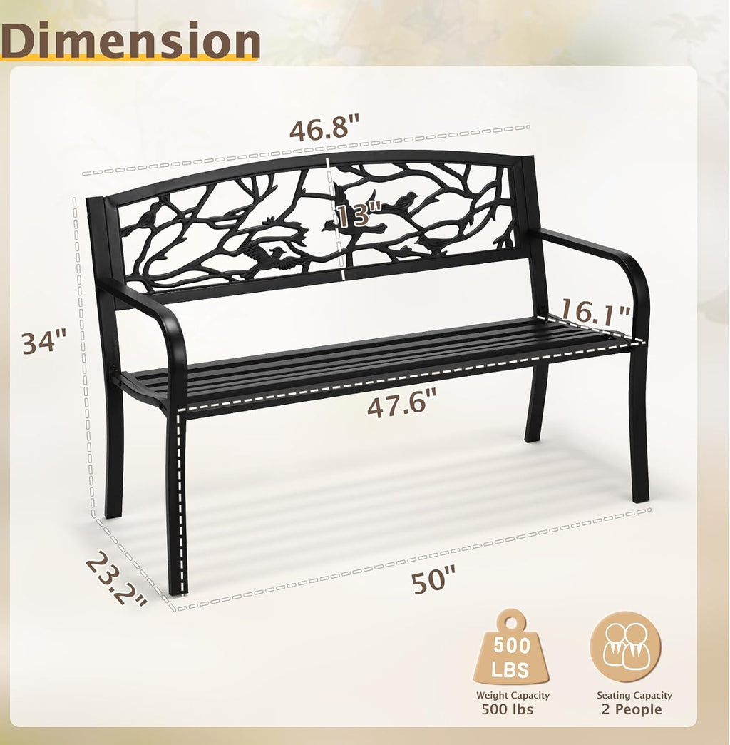 Outvita Outdoor Bench, 50" Iron Steel Frame Garden Bench with Magpie Pattern and Plastic Backrest Armrests, Patio Bench for Garden Park Yard Front Porch Patio, Black