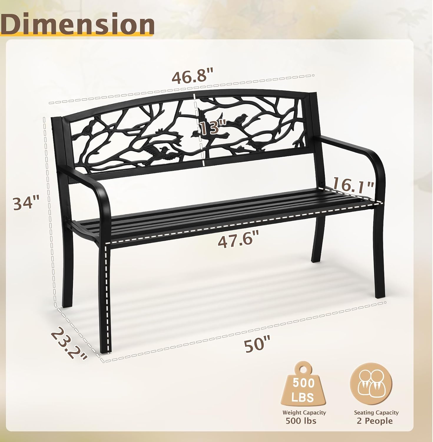 Outvita Outdoor Bench, 50" Iron Steel Frame Garden Bench with Magpie Pattern and Plastic Backrest Armrests, Patio Bench for Garden Park Yard Front Porch Patio, Black
