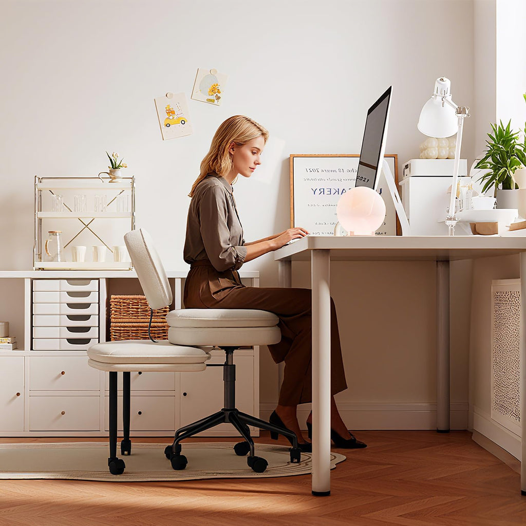 Ergonomic Cross Legged Chair, 360°Swivel Criss Cross Chair with Wheels, Double-Layer Upholstered Desk Chair, 31.3" Large Office Chair for Meditation and ADHD. White