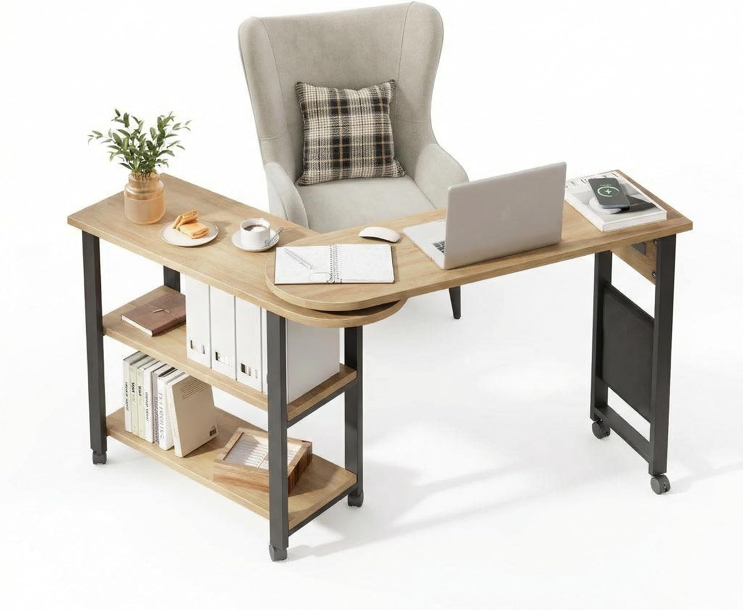 Takywep 360° Rotating Side Table with Storage, End Table with Charging Station, Swivel Coffee Table, Sofa Table with Storage, Rolling Side Table with 6 Lockable Wheels, for Home Office, Wood Color
