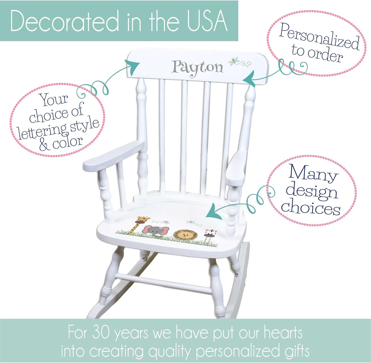 My Bambino Girl's Personalized White Wood Rocking Chair Toddler Baby Gift (Bright Butterfly Garland)