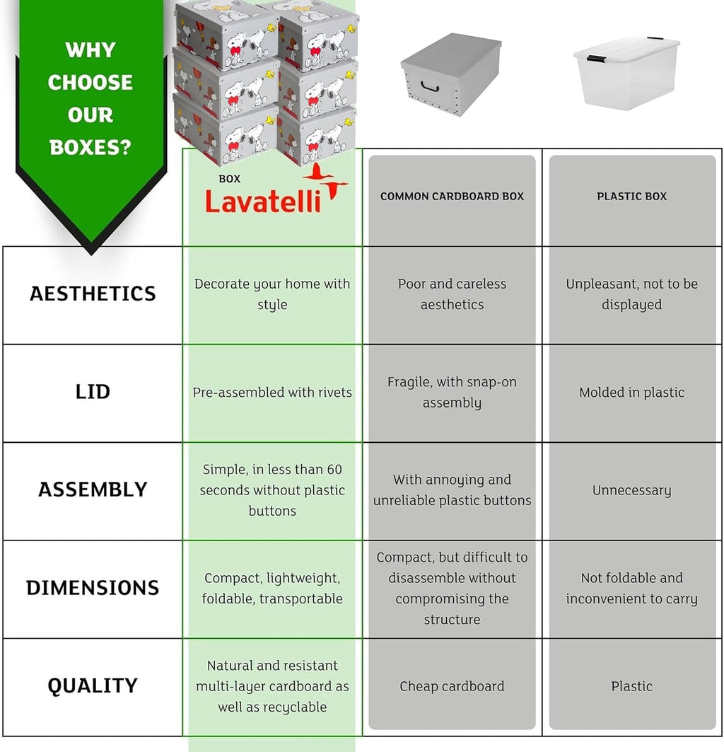 Lavatelli: Storage Box 6 Pack: Large - Snoopy - Grey, Lid & Handles, Decorative Cardboard Organizer, Stack-Fold, Home-Clothes-Toys, 19.7 x 15.4 x 9.4"