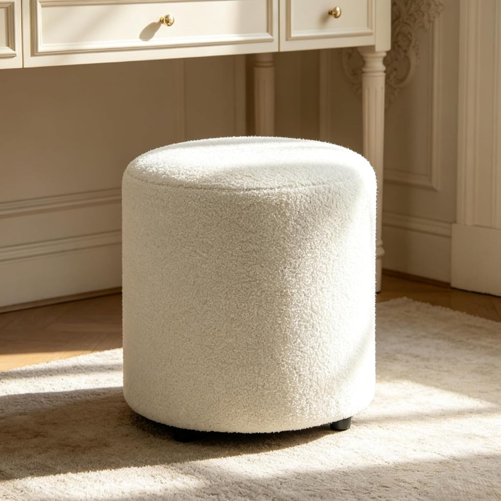 YDcosyfy Modern Round Ottoman, Teddy Fleece Vanity Stool Footrest, Upholstered Stool for Makeup, Bedroom, Living Room, White
