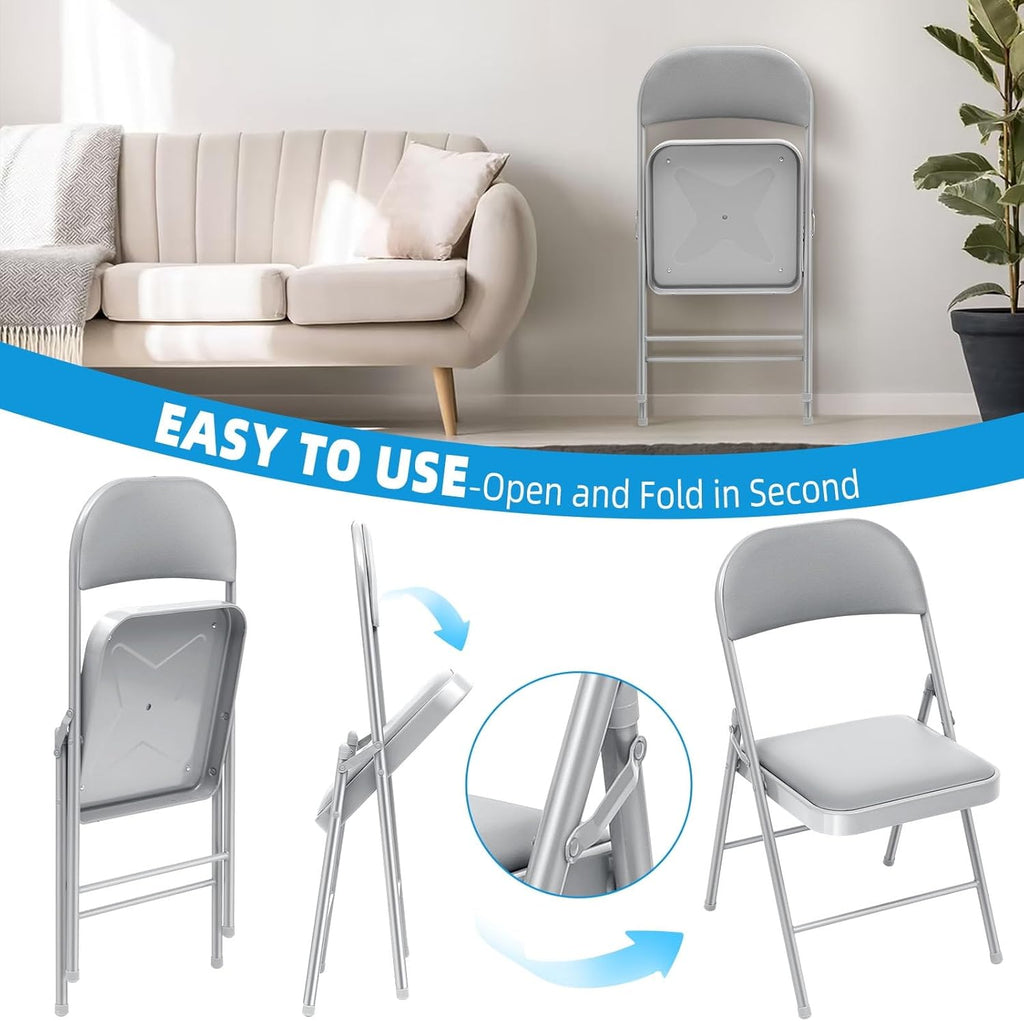 6 Pack Padded Folding Chairs, Heavy Duty Metal Frame with PU Leather Seat & Back, 350 lbs Capacity Portable Stackable Indoor Outdoor Chairs for Party Wedding Office(Gray, 6 Pack)