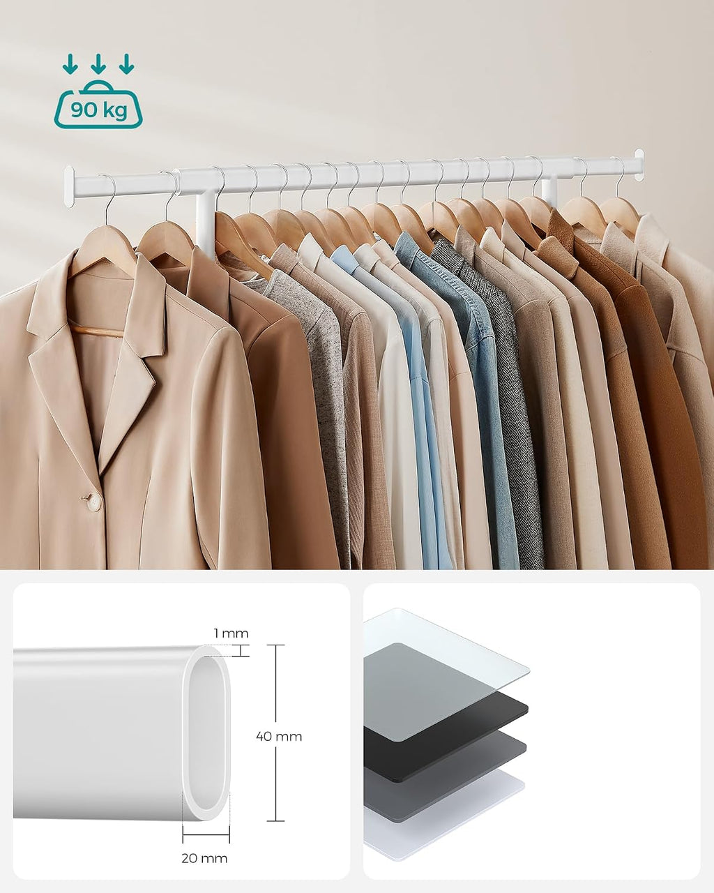SONGMICS Clothes Rack with Wheels, Extendable Heavy Load Rod, Coat Rack, Clothes Storage, 90 kg Load Capacity, Easy Assembly, Portable, Classic White HSR013W01
