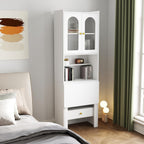 JOYSOURCE 71'' Bedside Table Tall Freestanding Bookshelf with Convertible Desk Hutch Cabinet with Reeded Glass Doors Drawer Nightstand End Table for Living Room White