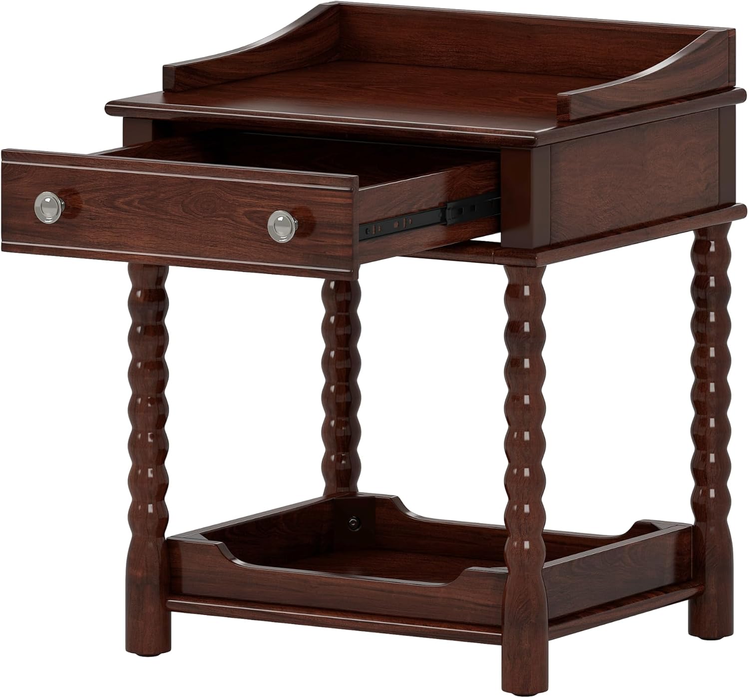 Nightstand with Drawer and Open Shelf for Bedroom,Retro Style Bedside Table with Turned Legs and Metal Handle for Kitchen (Walnut)