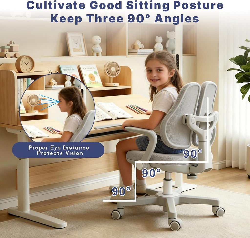 Kids Desk Chair, Ergonomic Study Chair for Kids with Lumbar Support， Adjustable Height, Flip-Up Armrests, Adjustable Backrest for Home Bedroom