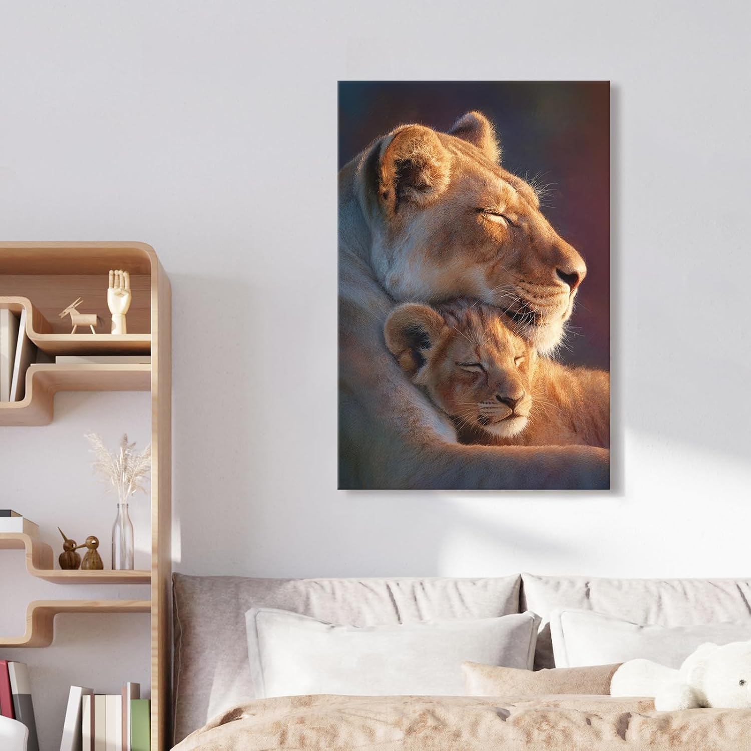 Framed Lion Wall Art African Wild Lioness and Cub Canvas Prints Sunset Safari Wildlife Animal Picture Painting Modern Artwork for Living Room Bedroom Office Home Decor 16" x 24", Mother's Day