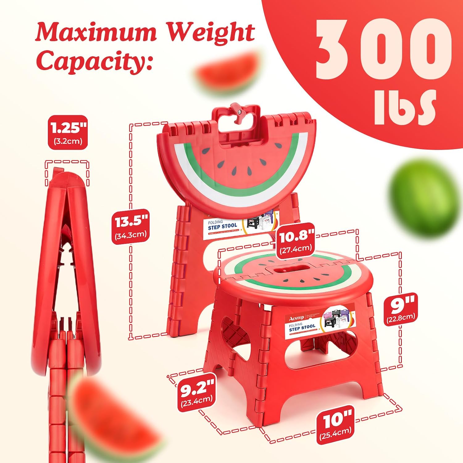 ACSTEP 9 Inch Folding Step Stool for Kids, Sturdy Collapsible Step Stool Foldable Up to 300 lbs for Toddlers, Non Slip Foot Stools with Handle for Kitchen, Bathroom, Bedroom, Outdoor, Watermelon Red