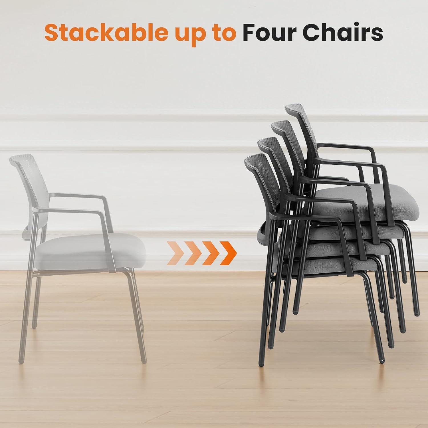 DUMOS Stackable Arm Chairs with Mesh Back and Upholstered Fabric, Easy to Store and Use, Perfect for Indoor and Outdoor Spaces, 1 Chair Grey