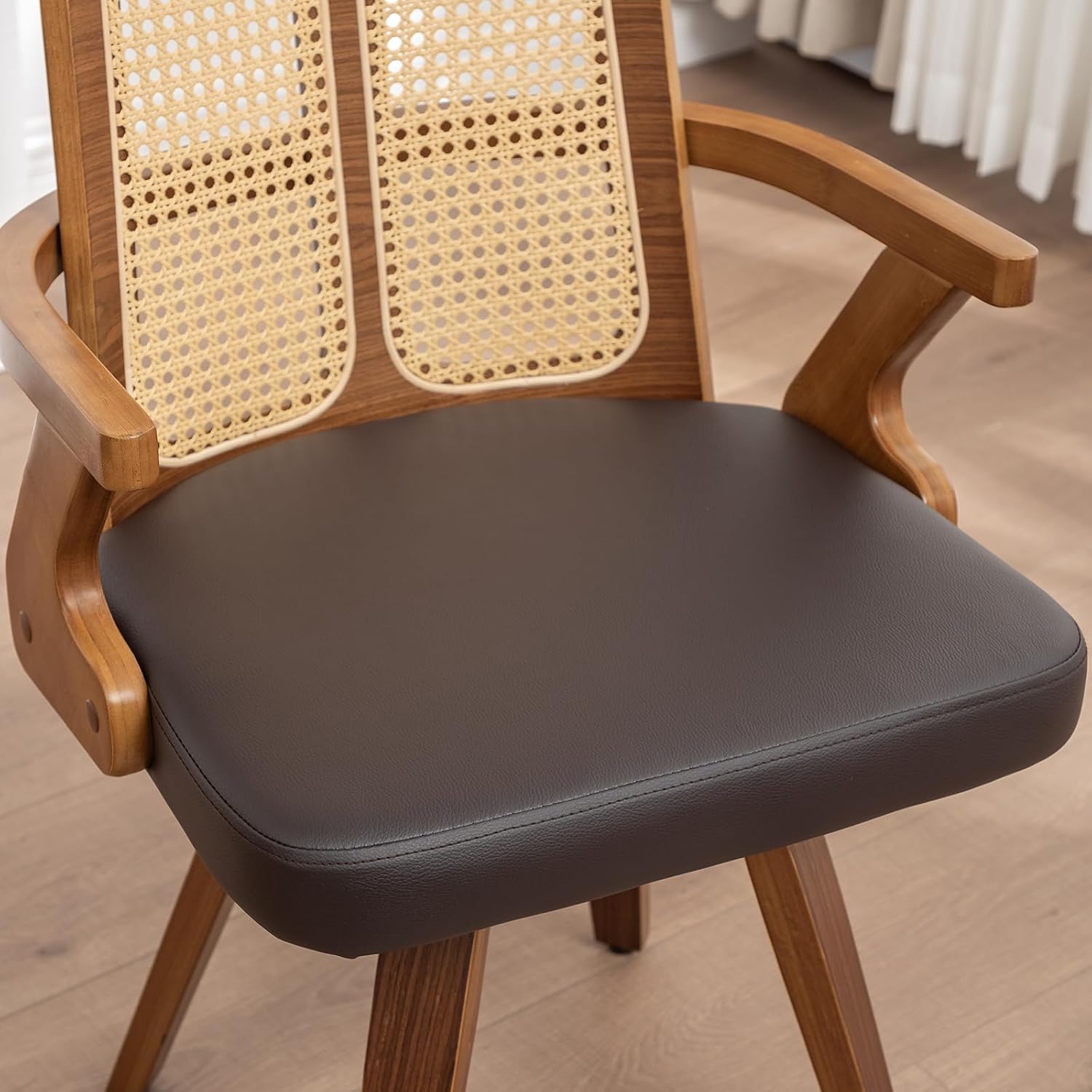Walnut Dining Chairs - Swivel Rattan Dining Chairs with Bentwood Frame with Ergonomic Cane Back, Curved Arms, MCM Dining Chairs for Kitchen/Restaurant/Living Room/Conference (Walnut Brown, Set of 4)