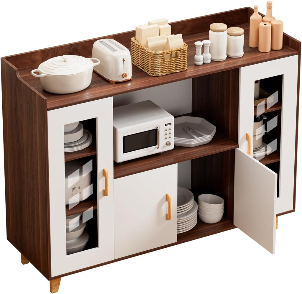 120cm Kitchen Storage Cabinet with 4 Doors & Open Shelf, Wood Grain Buffet Sideboard for Dining Room, Multi-Purpose TV Stand & Coffee Bar Cabinet Brown