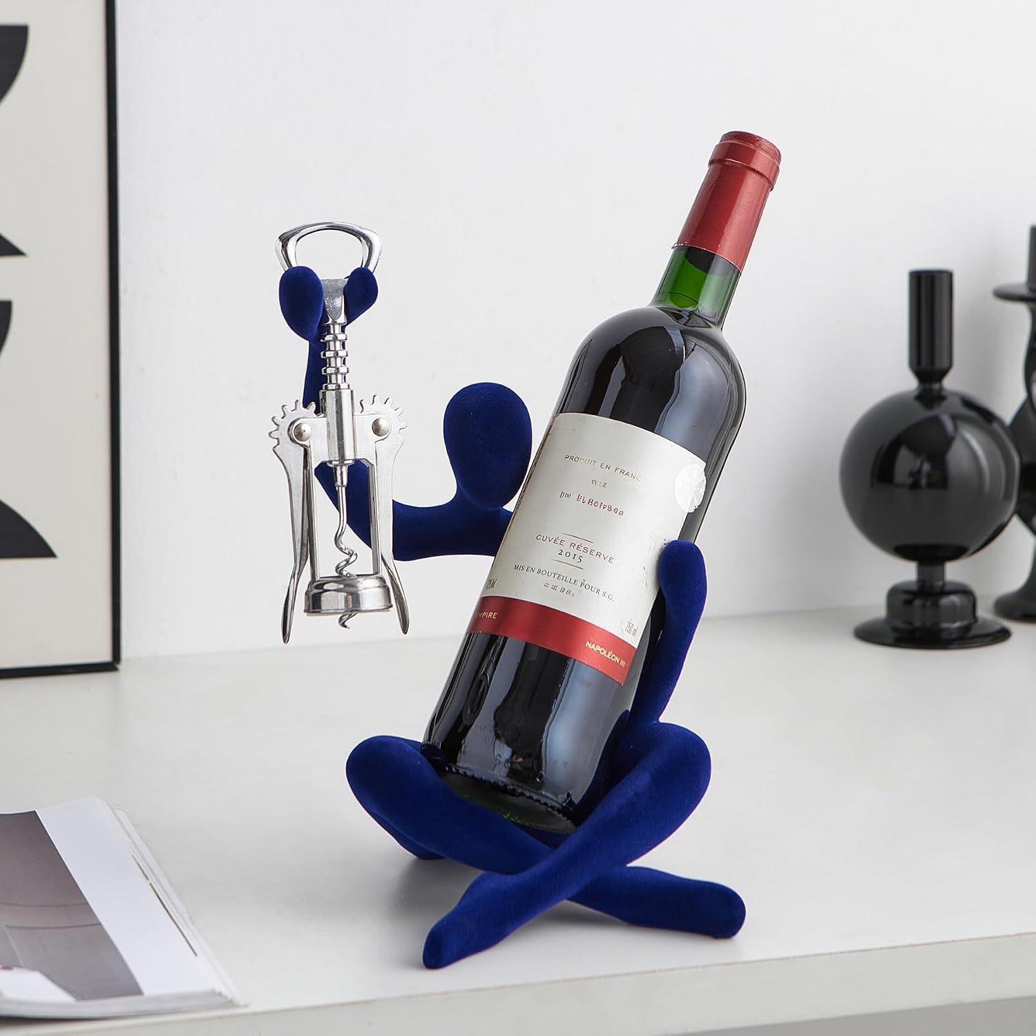 Thinker Statue Wine Rack, Modern Rack for Kitchen Table Decor, Single Wine Bottle Holder Countertop for Bar, Small Bottle Holder Rack (Navy)