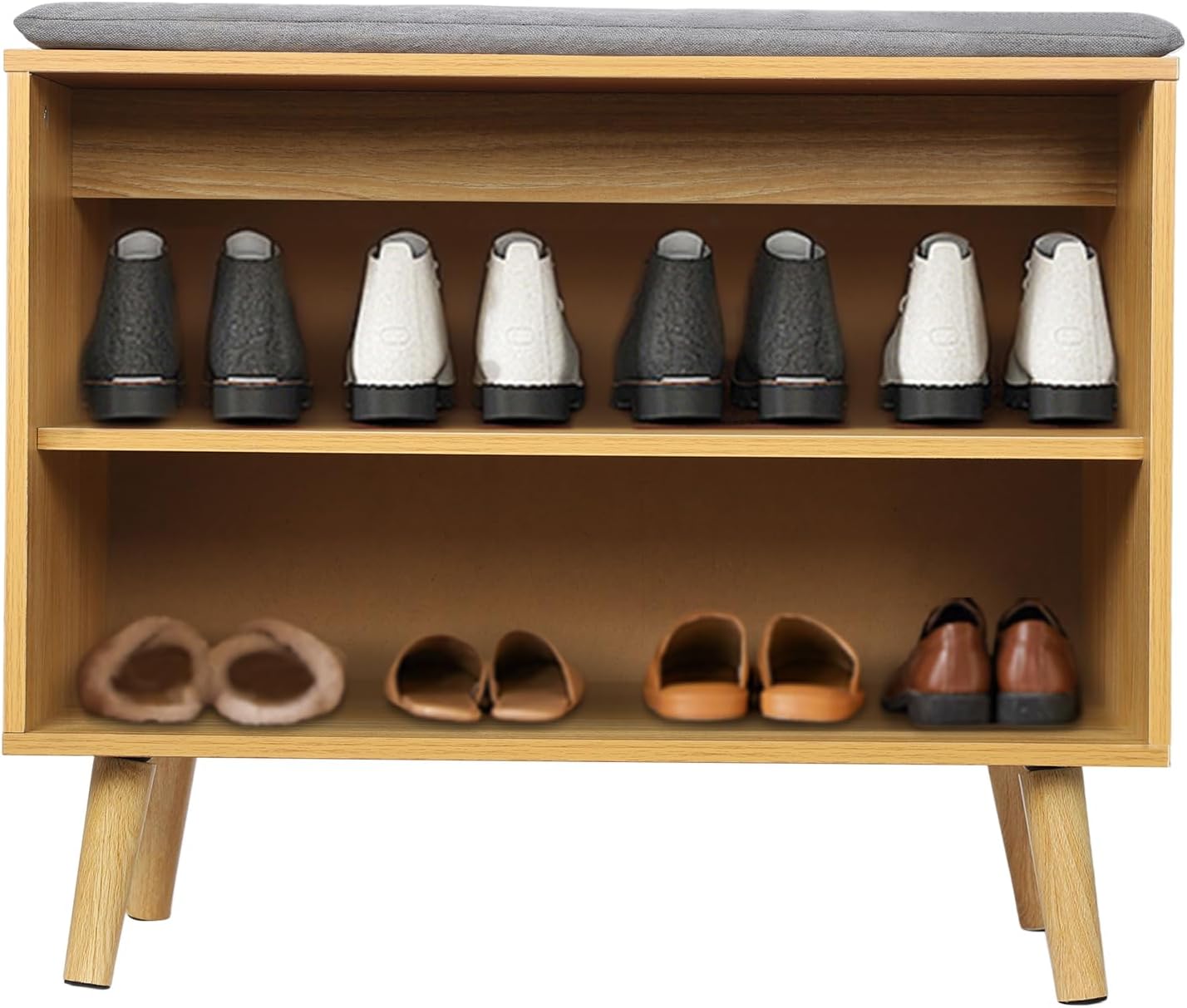 60cm Rubber Wood Shoe Bench with Cushion, 2-Tier Shoe Storage Stool, Perfect for Home