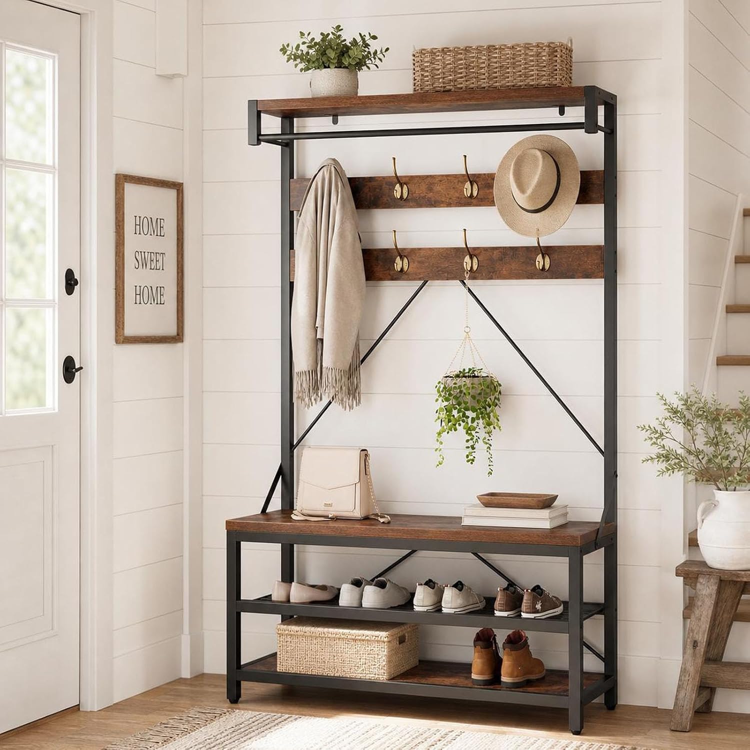 IDEALHOUSE Industrial Hall Tree with Bench and Shoe Storage, 3-in-1 Entryway Mudroom Organizer with 8 Coat Hooks, Heavy Duty Standing Clothes Rack for Hallway, Rustic Brown