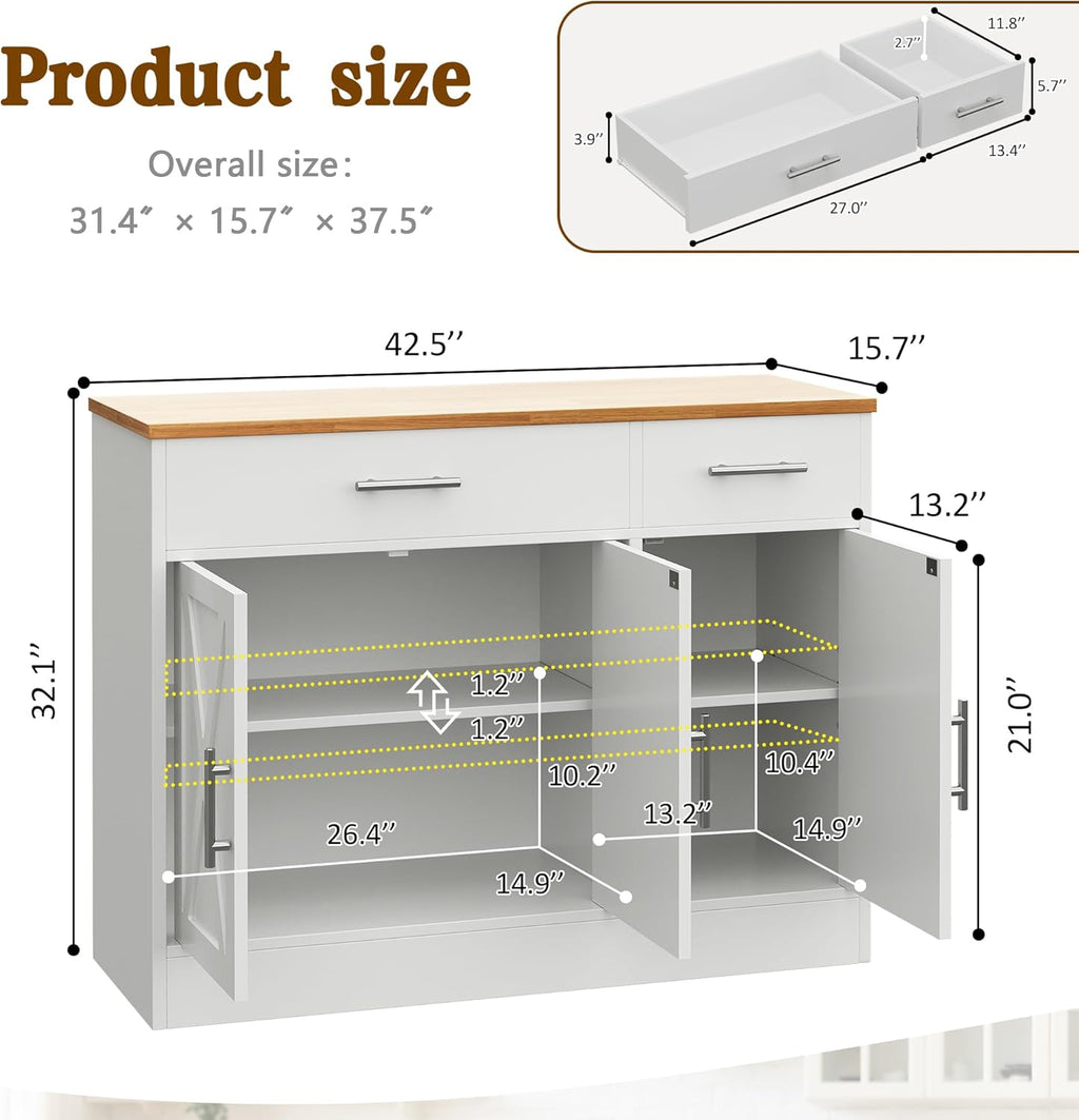 Vongrasig Buffet Cabinet with Storage, 43” Farmhouse Coffee Bar Cabinet with 3 Doors, Wood Buffet Table for Kitchen Dining Room Living Room, Off White