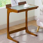C Shaped End Table with Glass Top, Bamboo Sofa Side Table, Laptop Desk, Snack Table for Living Room and Balcony