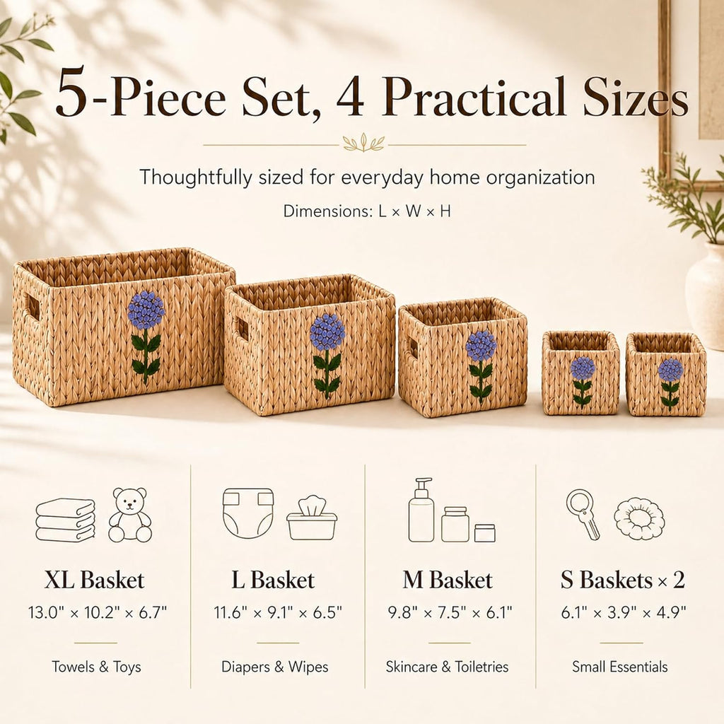 Set of 5 Storage Baskets for Organizing, Water Hyacinth Baskets for Shelves, Organizer Basket with Handles, Decorative Storage Basket for Closet, Pantry Organizers