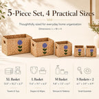 Set of 5 Storage Baskets for Organizing, Water Hyacinth Baskets for Shelves, Organizer Basket with Handles, Decorative Storage Basket for Closet, Pantry Organizers