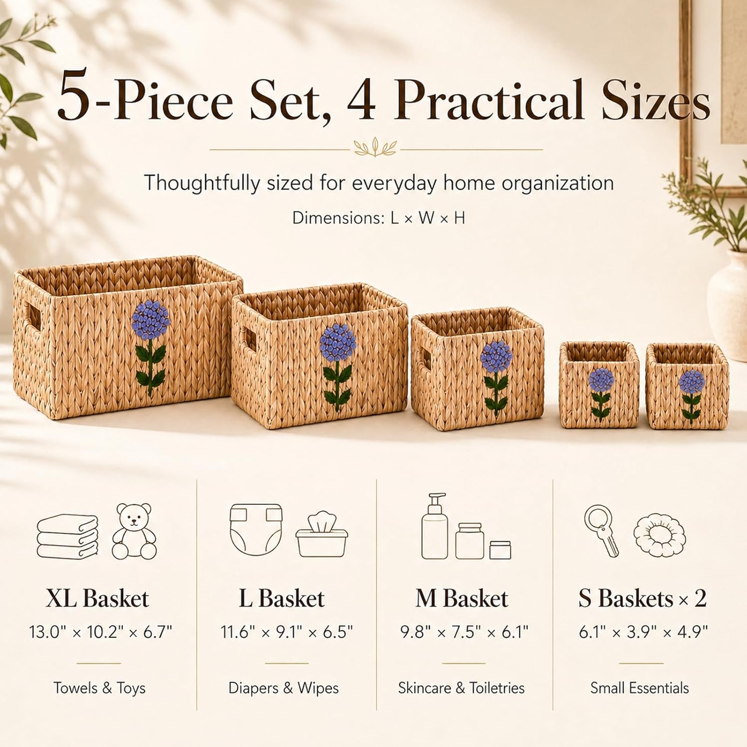 Set of 5 Storage Baskets for Organizing, Water Hyacinth Baskets for Shelves, Organizer Basket with Handles, Decorative Storage Basket for Closet, Pantry Organizers