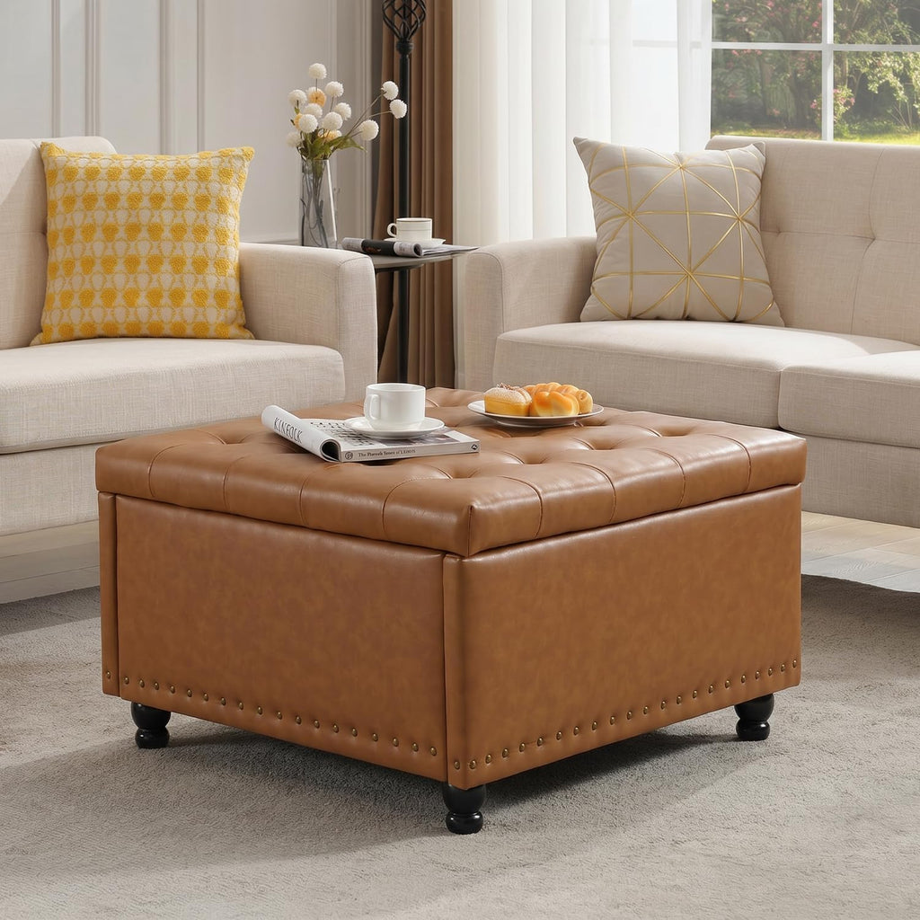 Tbfit Large Square Storage Ottoman Bench, Button Tufted Upholstered Coffee Table Ottoman with Wooden Legs, Oversized Storage Ottomans Toy Box Footrest for Living Room, Camel PU