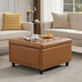 Tbfit Large Square Storage Ottoman Bench, Button Tufted Upholstered Coffee Table Ottoman with Wooden Legs, Oversized Storage Ottomans Toy Box Footrest for Living Room, Camel PU