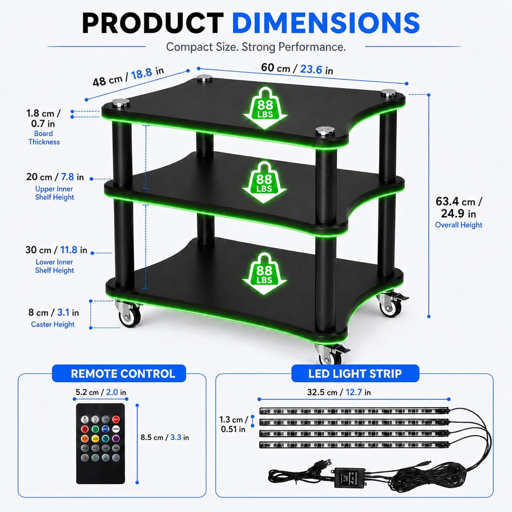 AV Media Stand with LED Lights, Audio Rack with USB Powered RGB Light Strip, Rolling Stereo Cabinet with Lockable Caster Wheels, 88 lbs Per Shelf, Printer/TV Stand for Small Spaces (black, 3-Tier)