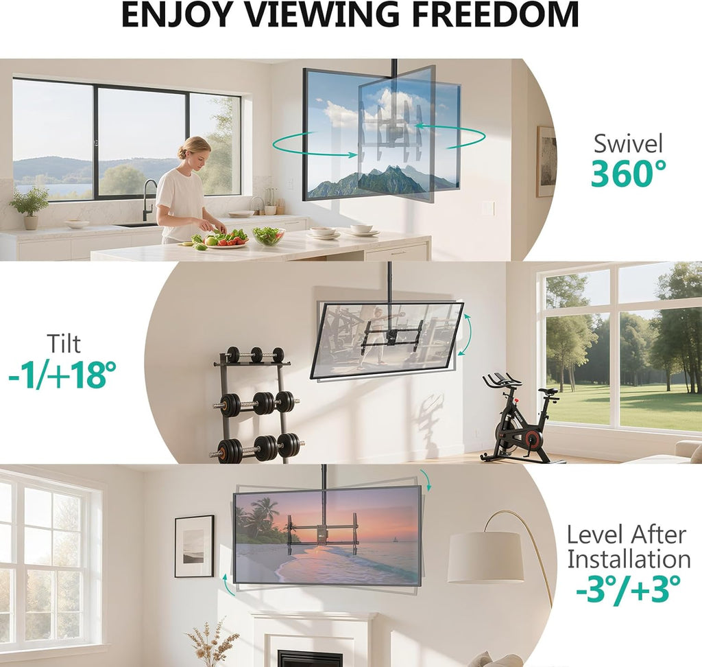 WALI Ceiling TV Mount for 37-90 Inch TVs, Extra Long Arm Ceiling Mount TV Bracket, Telescoping Height Adjustable Hanging Pole TVs Ceiling Mount, Holds 220 lbs, Max VESA 800x400mm (CM3790XL), Black