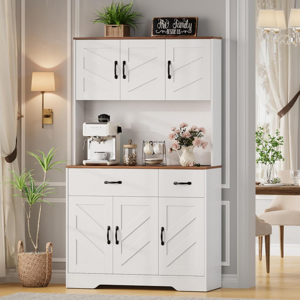 71" Pantry Cabinet with Charging Station, Kitchen Hutch Storage Cabinet with Countertop & Drawer, Farmhouse Food Pantry with Microwave Stand & Adjustable Shelves for Living Room, Dining Room, White