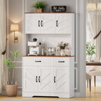 71" Pantry Cabinet with Charging Station, Kitchen Hutch Storage Cabinet with Countertop & Drawer, Farmhouse Food Pantry with Microwave Stand & Adjustable Shelves for Living Room, Dining Room, White