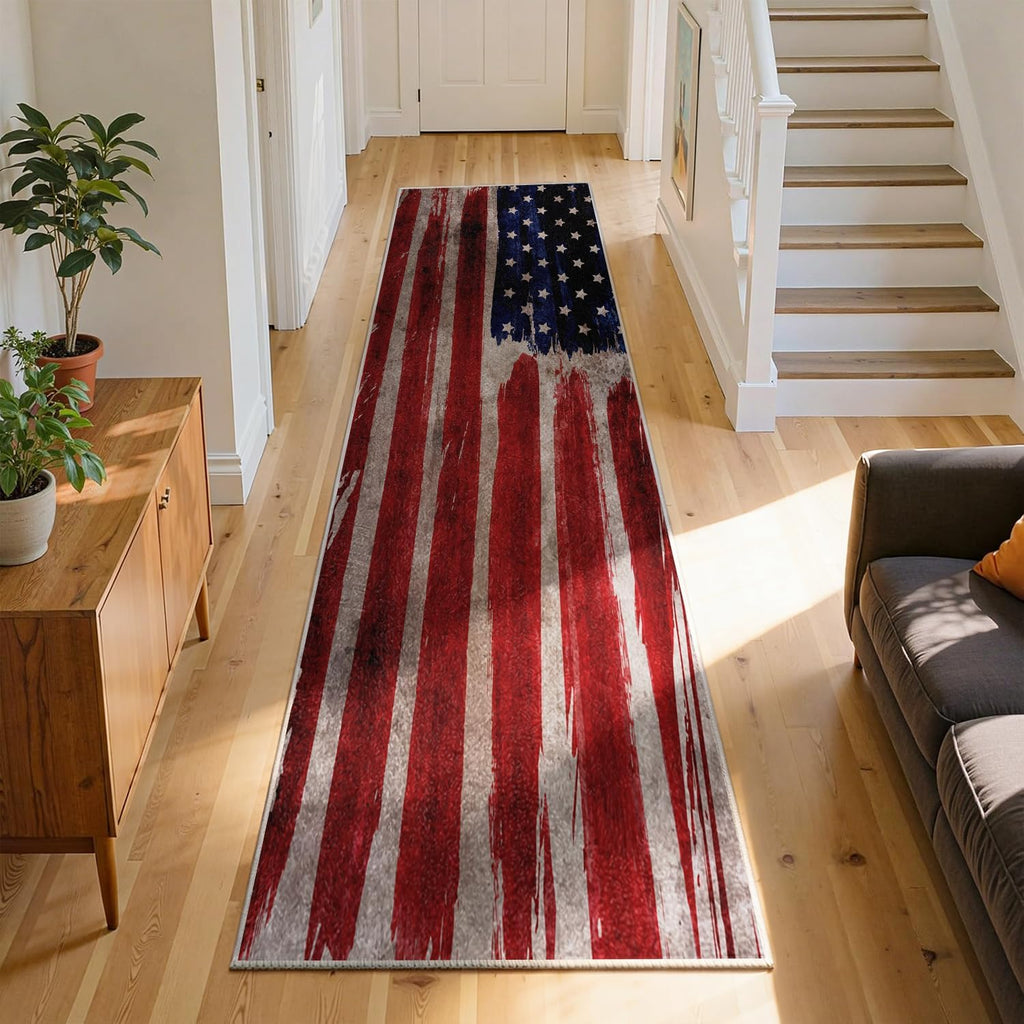 Vintage American Flag Runner Rug, 2x5ft, Soft Machine Washable Non-Slip Long Rug Runners for Hallways, Blue Red White Star Stripe Flag Independence Day Carpet for Indoor Entrance Dining Kitchen