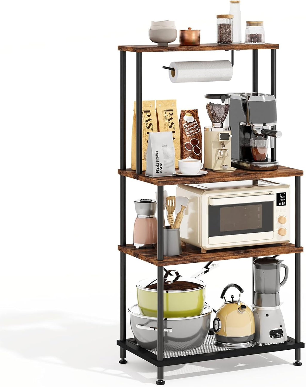 SUPERLELE 4-Tier Bakers Rack, Coffee Bar Table with Paper Holder, Rustic Brown Kitchen Storage Shelf Microwave Stand, Reinforced Industrial Standing Rack for Home Kitchen, 23.6 x 13 x 49.2 Inches