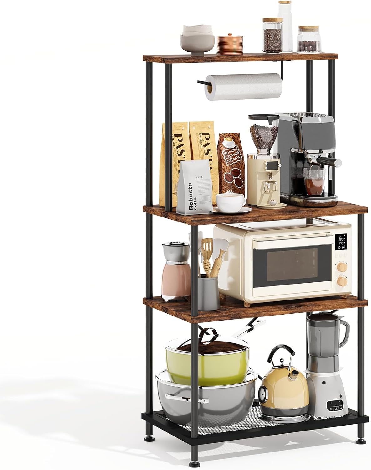 SUPERLELE 4-Tier Bakers Rack, Coffee Bar Table with Paper Holder, Rustic Brown Kitchen Storage Shelf Microwave Stand, Reinforced Industrial Standing Rack for Home Kitchen, 23.6 x 13 x 49.2 Inches