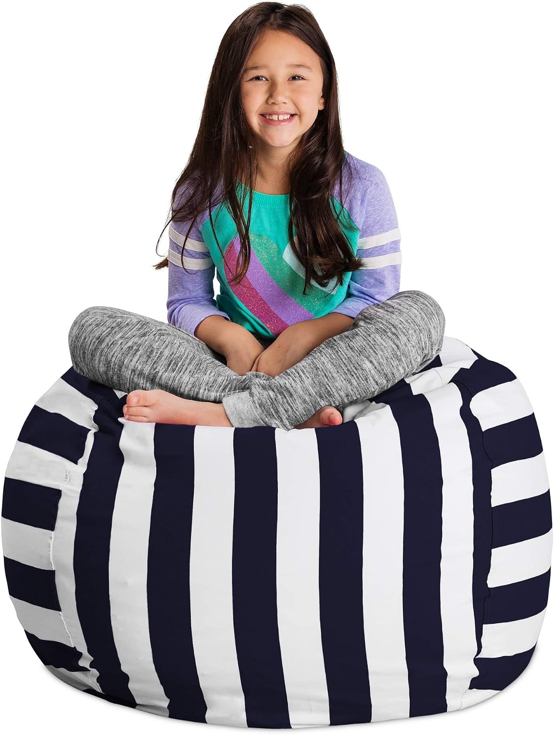 Posh Stuffable Kids Stuffed Animal Storage Bean Bag Chair Cover - Childrens Toy Organizer, Large 38" - Canvas Stripes Blue and White