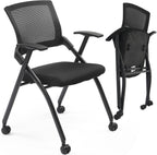 Stackable Conference Room Chair with Wheels, Folding Office Chair with Rebound Back & Padded Seat, 350 lb Capacity, Black – Ideal for Training, Guest, Reception & Event Seating